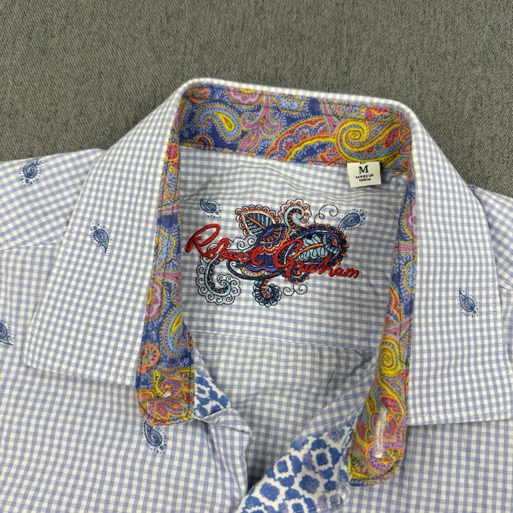 Robert Graham Paisley Gingham Plaid Short Sleeve Button Up Shirt Mens Medium